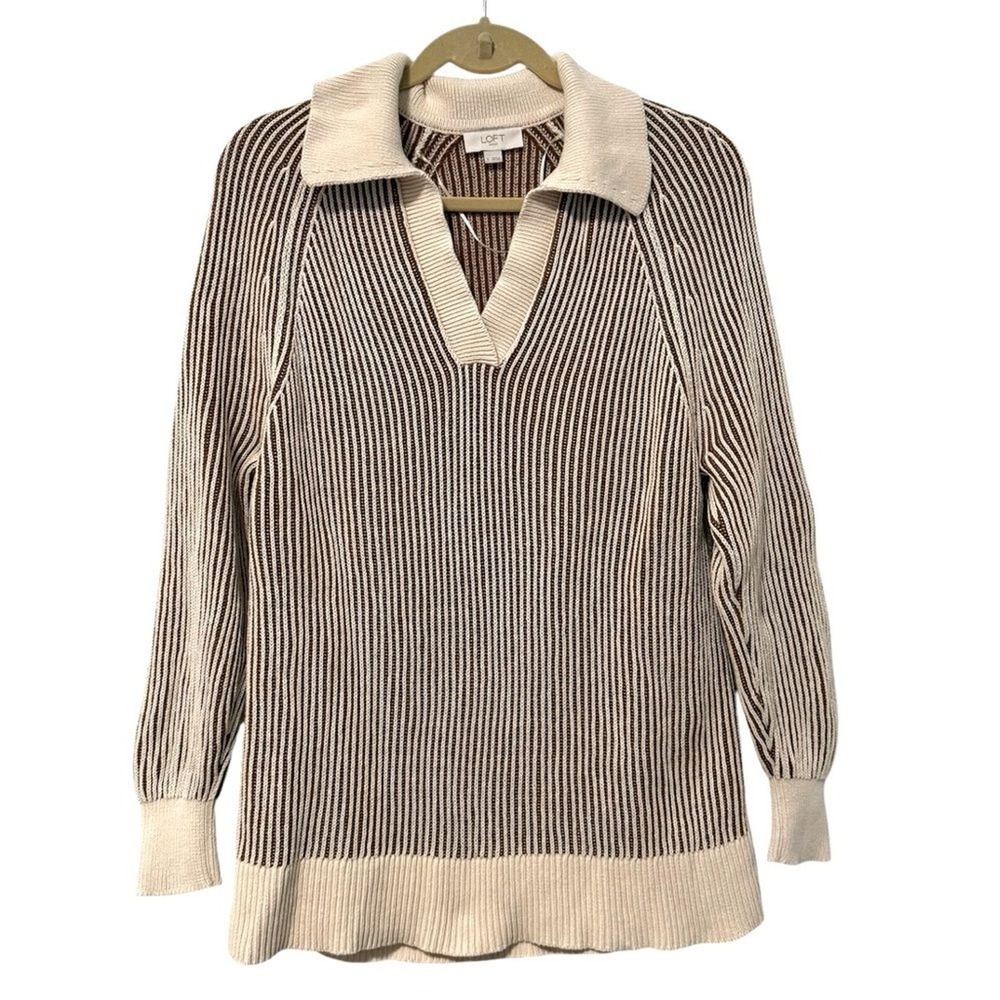 LOFT Pullover Sweater Brown Cream Striped Ribbed Knit V-Neck Women Small